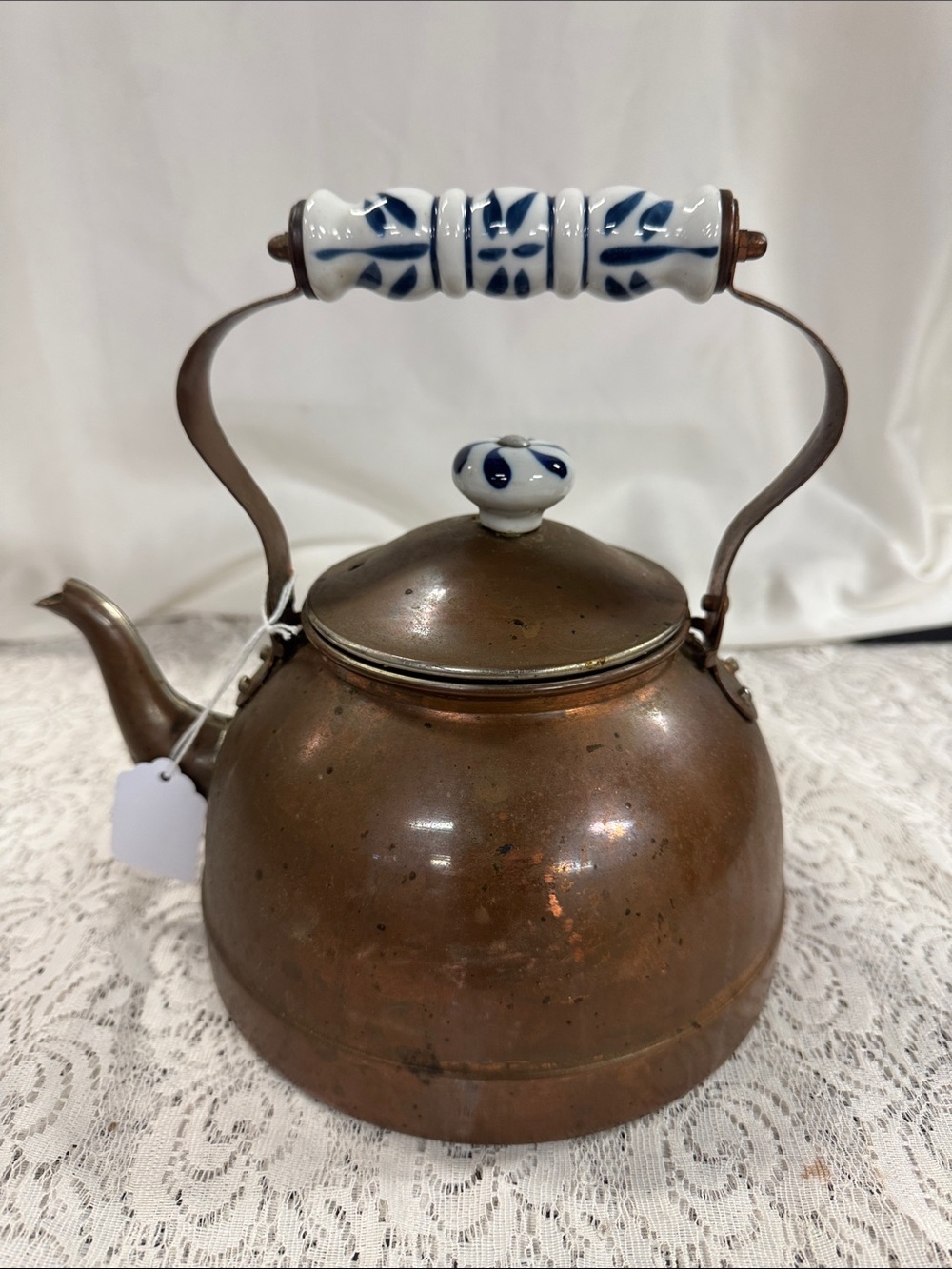 Copper Teapot with White & Blue Ceramic Handle and Knob